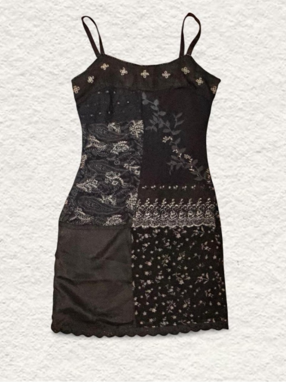 Black Patchwork Slip Dress with Lace Trim